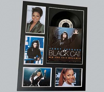 Janet Jackson "Black Cat" Signed 7" Record Sleeve + 7" Record & 4 Colour Photos