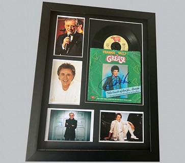Frankie Valli "Grease" Signed 7" Record Sleeve + 7" Record & 4 Colour Photos