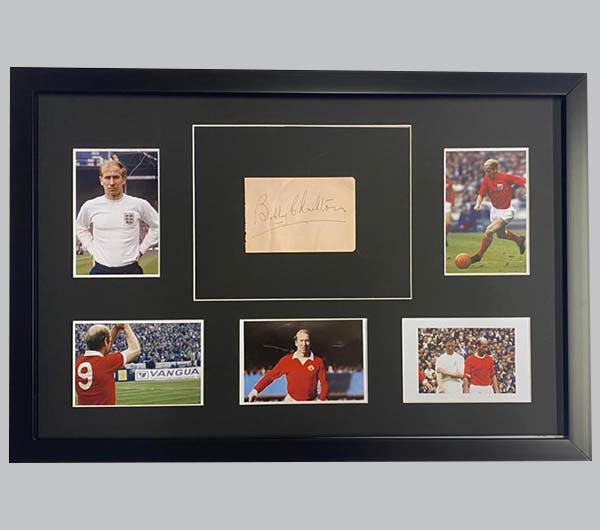 Bobby Charlton Signed Postcard + 5 Colour Photos