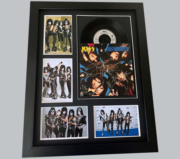KISS "Crazy Crazy Nights" Signed 7" Record Sleeve + 7" Record & 4 Colour Photos