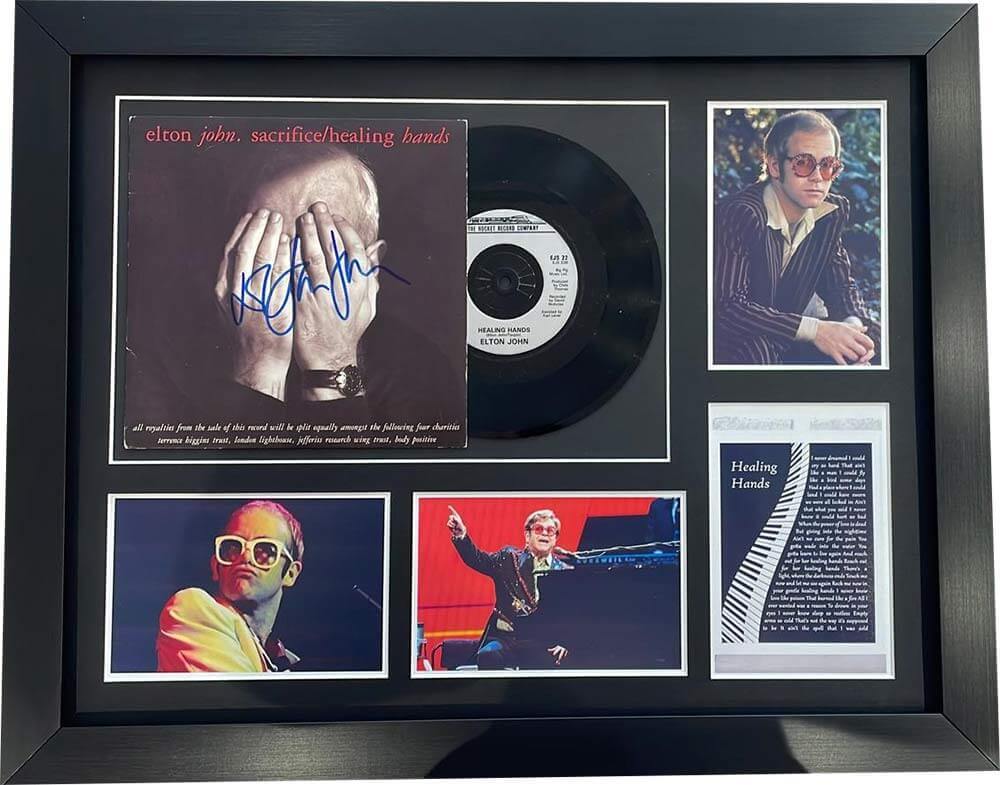 Elton John "Sacrifice" Signed 7" Record Sleeve + 7" Record & 4 Photos